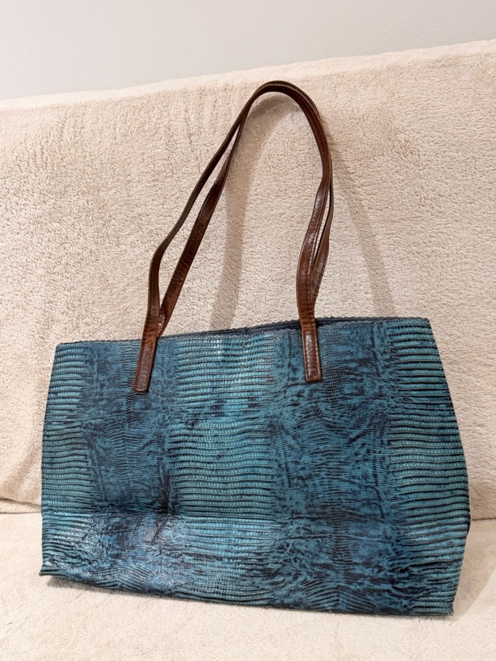 Exotic leather Teal Textured Tote with Brown Leather Handles